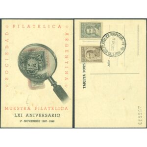 SOCIEDAD FILATELICA ARGENTINA, MUESTRA FILATELICA LXI ANIVERSARIO 1º NOVIEMBRE 1887-1948